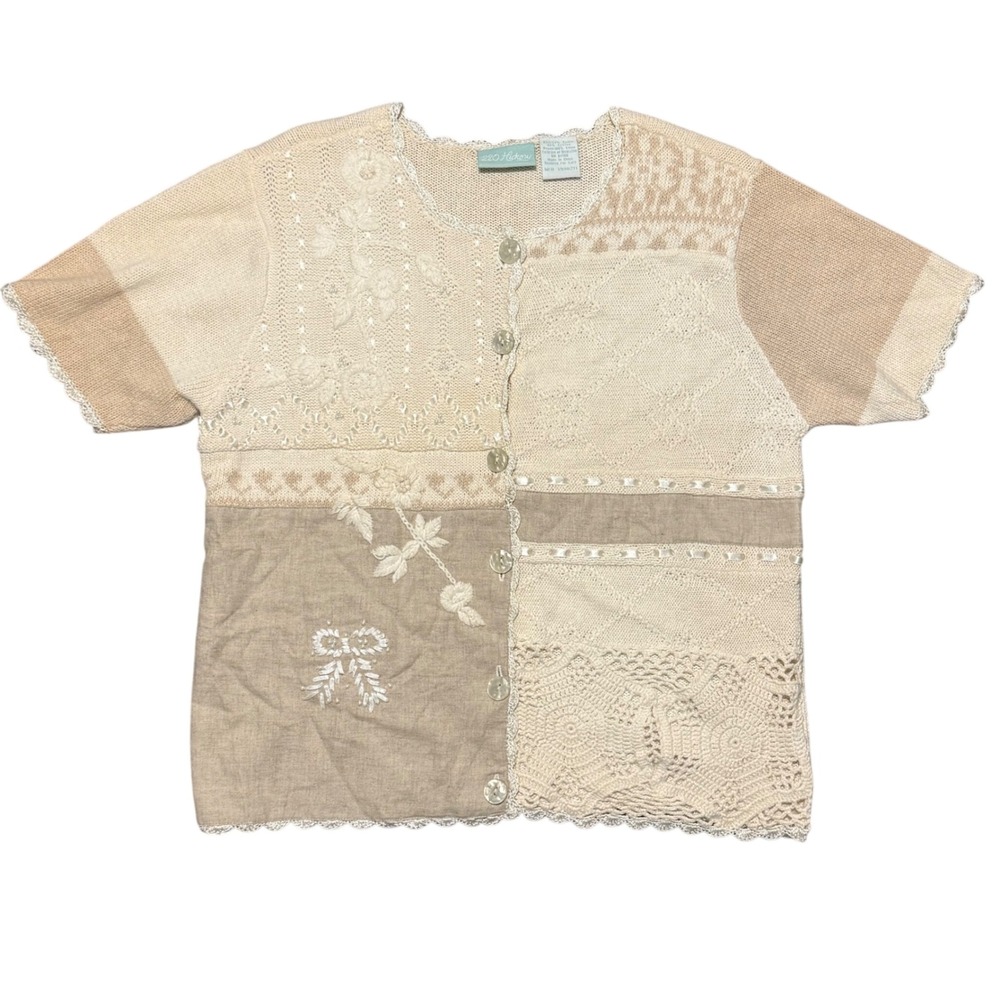Vintage 220 Hickory Patchwork Crochet Floral Embroidered Cardigan Sweater sz M
